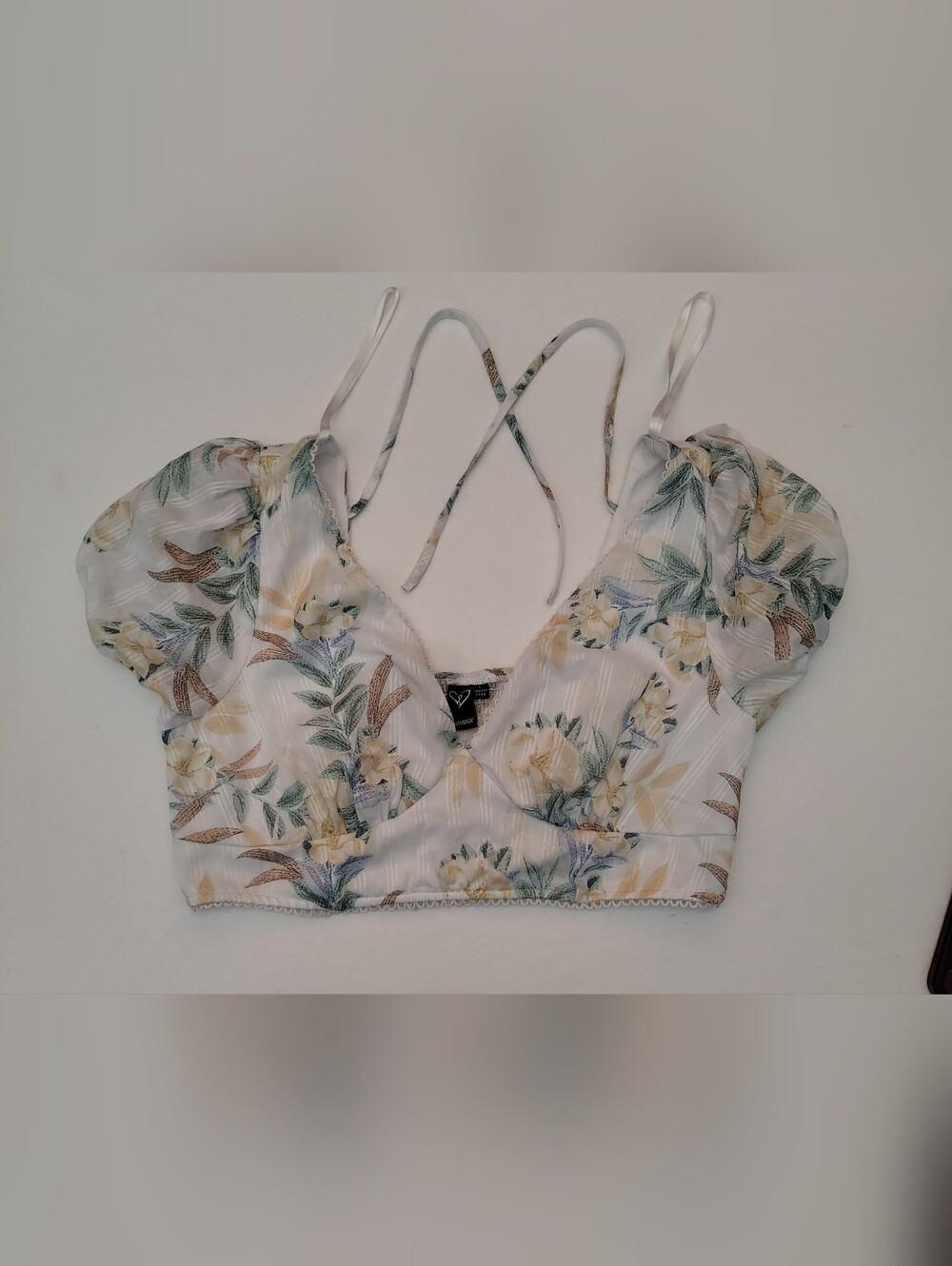 Windsor Floral Puff-Sleeve Crop Top - White, Green & Yellow Size L